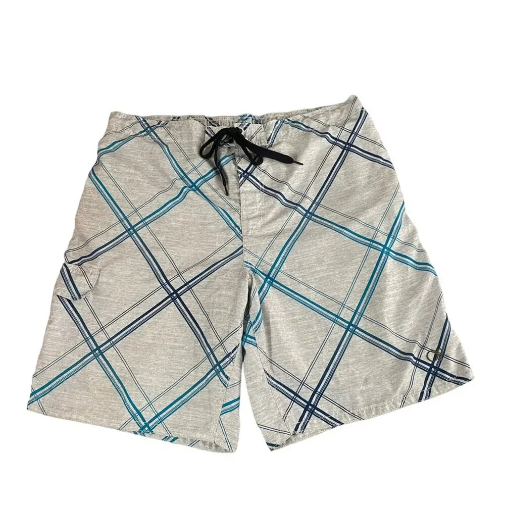 OP Ocean Pacific Swim Trunks Gray Teal Plaid Board Shorts Mens XL 40 42 Surf